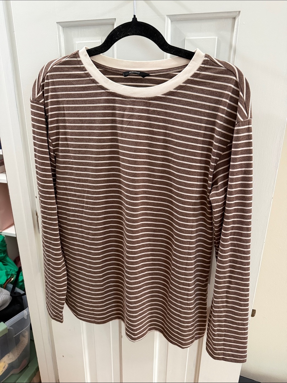 Long-Sleeve Brown & Cream Striped Crewneck Shirt